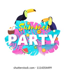Word PARTY summer composition with creative pink and blue jungle leaves two toucans fruits and coctail in paper cut style. Tropical craft design for your poster, banner, flyer T-shirt printing, Vector