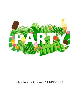 Word PARTY summer composition with creative green jungle leaves ice creams on white background in paper cut style. Tropical leaf letters for design poster, banner, flyer T-shirt printing. Vector card