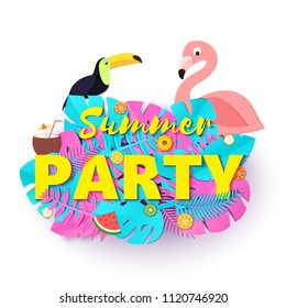 Word PARTY summer composition with creative pink and blue jungle leaves toucan flamingo fruits and coctail in paper cut style. Tropical craft design for your poster, banner, flyer. Vector card.