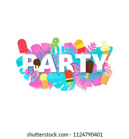 Word PARTY summer composition with creative pink blue jungle leaves ice creams on white background in paper cut style. Tropical leaf letters for design poster, banner, flyer T-shirt printing. Vector