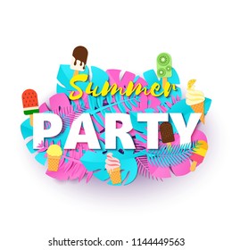 Word PARTY summer composition with creative pink blue jungle leaves ice creams on white background in paper cut style. Tropical leaf letters for design poster, banner, flyer T-shirt printing. Vector.