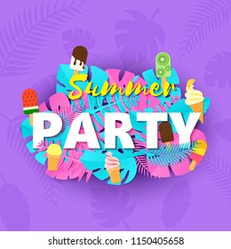 Word PARTY summer composition with creative pink blue jungle leaves ice creams on violet background in paper cut style. Tropical leaf letters for design poster, banner, flyer T-shirt printing. Vector