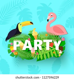 Word PARTY summer composition with jungle leaves flower ice cream toucan flamingo on blue background in paper cut style. Tropical leaf for design poster, banner, flyer T-shirt printing Vector