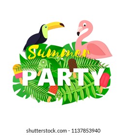 Word PARTY summer composition with jungle leaves ice cream toucan flamingo on white background in paper cut style. Tropical birds craft letters for design poster flyer Vector illustration