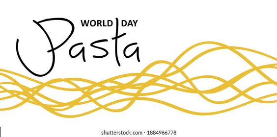 Word pasta day, Italian food such as: spaghetti, vermicelli, rotini, fusili, tortellini, linguini, conchiglie, fettucine, penne, capellini. Traditional Italian dish. Flat vector sign.