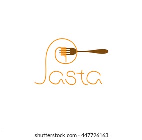 Word pasta made of cooked spaghetti with fork