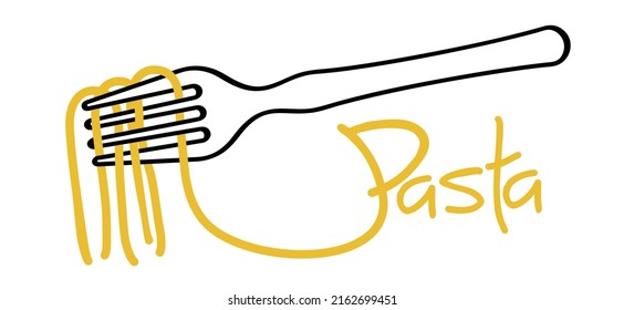 Word pasta or spaghetti day, Italian food such as: noodles, vermicelli, rotini, fusili, tortellini, linguini, conchiglie, fettucine, penne, capellini. Traditional Italian ddishes. Fast food with fork.