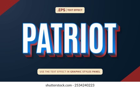 Word patriot with blue and red outlines, white letters, and shadow suitable for patrioticthemed designs. Vector text effect