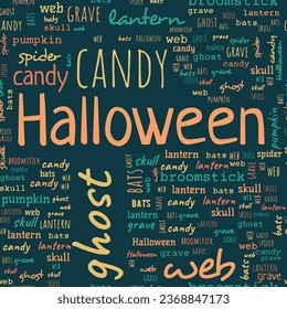 Word pattern on the topic Halloween. With words candy, pumpkin, ghost, wed, lantern, skull, bats, broomstick, spider, grave. 