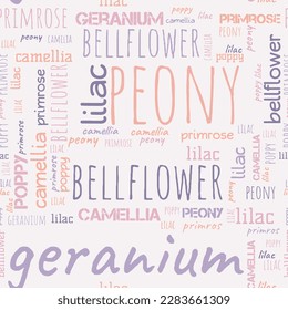 Word pattern in pink colors on the topic spring flowers such as peony, geranium, lilac, poppy, bellflower, camellia, primrose.