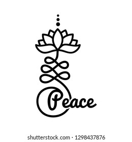 Word peace and Buddhist symbol for life path with lotus flower 