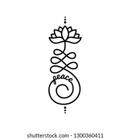 Word peace and Buddhist symbol for life path with lotus flower 