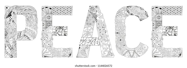 Word PEACE for coloring. Vector decorative zentangle object