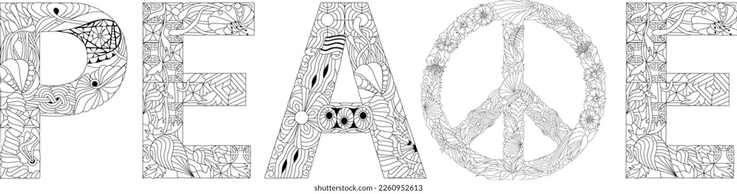Word PEACE for coloring. Vector zentangle object for decoration