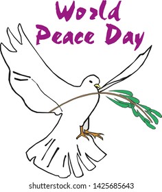 Word Peace Day card. Hand written lettering with dove and olive branch. Vector illustration.