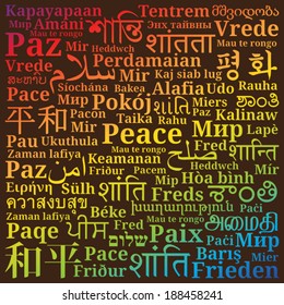 Word "Peace" in different languages of the world on rainbow gradient background (Es, Fr, It, Pl, Uk, Ron, El, Pt, Ru, Da, Fin, Sr, Be, Slv, Slo, Hun, No, Is, Tr, Ibo, Geo, Hindi, Thai, Chi, Ko, Jpn..