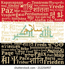 The word "Peace" in different languages of the world on the background of the Iraq flag (the key word in the center of Arabic)