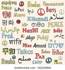 Word Peace in different languages of the world. Hand drawn vector illustration.