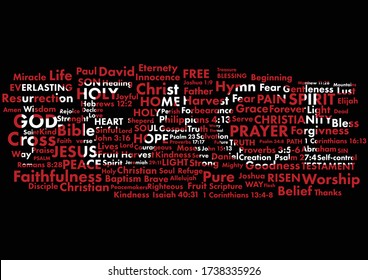 Word peace standing out in white from christian words written with red on black background