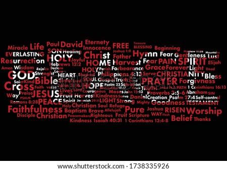 Word peace standing out in white from christian words written with red on black background