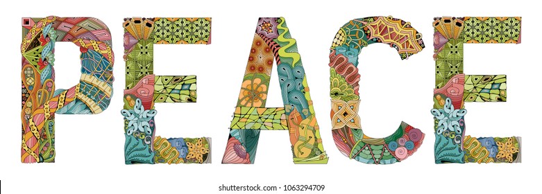 Word PEACE. Vector decorative zentangle object