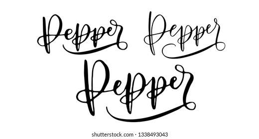 Word 'Pepper' written in different ways of modern calligraphy style with flourishes. Nice, elegant, isolated trace on white background. Perfect for menu, package, spice boxes, tags, labels.