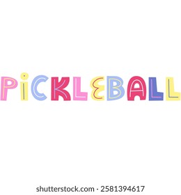 Word Pickleball in a bold, playful font, perfect for sports-themed designs. Pickleball design for sport cards, t shirt, mug, cap, poster, banner, background.