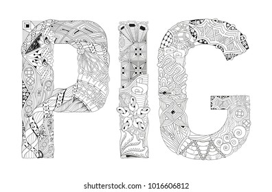 Word PIG for coloring. Vector decorative zentangle object