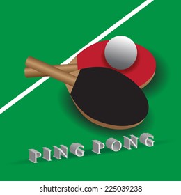 The word ping-pong and two rackets with a ball, for table tennis on a green background