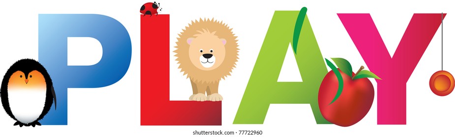 The word play made up from alphabet cartoon letters with matching animals and objects