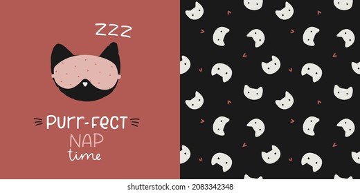 Word play Nap time phrase with cat in a sleep mask clipart and abstract kitten seamless pattern. Vector graphic set for pajama print in soft terracotta and black colours.