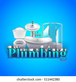 Word plumbing and objects on blue background vector