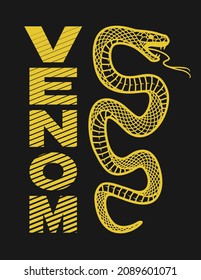 The word is poison and a writhing snake. T-shirt print design on a dark background.