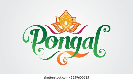 The word Pongal is written in a festive colorful font A stylized lotus flower symbolizes purity and prosperity Vibrant colors like orange yellow green and purple highlight the celebration