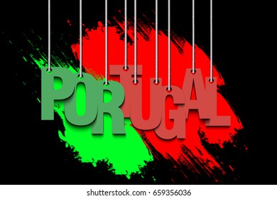 The word Portugal hang on the ropes against the background of the portuguese flag. Vector illustration