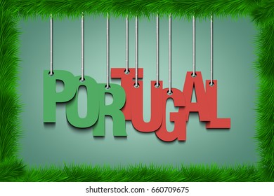 The word Portugal hang on the ropes  in frame of grass. Vector illustration