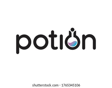 The word POTION with a potion bottle forming the letter O and with the dot from the letter i as the stopper. Vector logo design