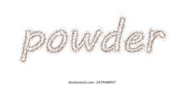 Word powder consists of particles ground from cocoa or coffee, flying dust pieces. Coffee colored dust grain texture isolated on white background. Vector crushed granules of sand brown cane sugar.