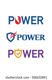 The word POWER with stylized shield letter O. Vector logo and sign.