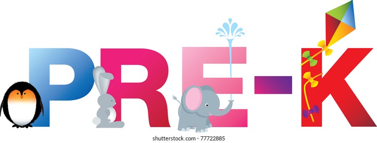 The word pre-k made up from alphabet cartoon letters with matching animals and objects