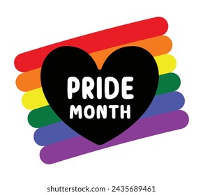 Mes del orgullo de la palabra en la silueta de la forma del corazón, fondo del arco iris del orgullo