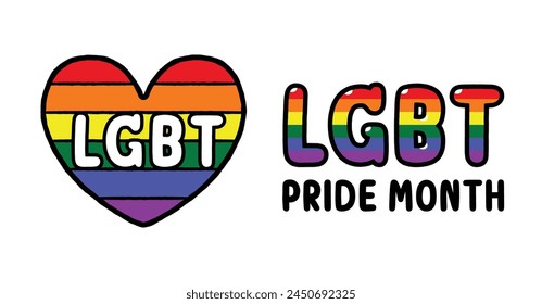 Mes del orgullo de la palabra en forma de corazón, fondo del arco iris del orgullo