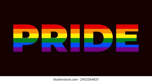 La palabra "ORGULLO" está escrita en letras Grandes en colores brillantes sobre un fondo negro. Los colores del arco iris representan la bandera comúnmente asociada con el orgullo gay y la lucha por la igualdad de derechos. Anuncio del orgullo