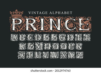 The word PRINCE decorated with crown. Luxury design of Beautiful ornate font for card, invitation, monogram, label, logo. Vintage Alphabet, vector set of hand-drawn initial letters on black background