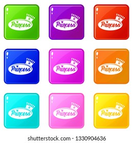 Word princess crown icons set 9 color collection isolated on white for any design