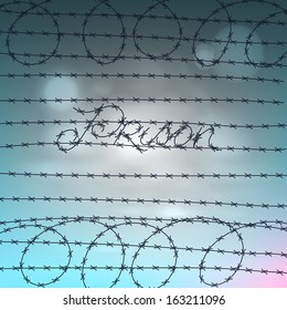 Word prison written by a barbed wire, vector illustration. 
