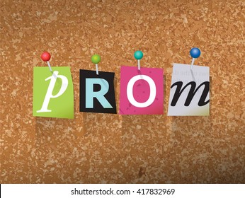 The word "PROM" written in cut ransom note style paper letters and pinned to a cork bulletin board. Vector EPS 10 illustration available.