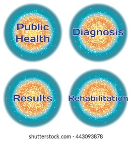 Word Public Health. Diagnosis. Results. Rehabilitation. Health concept with text in a high-tech frame. Modern Medical concept. Vector
