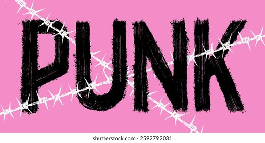 The Word Punk On The Background Of Barbed Wire. Black Vector Lettering Painted With Dry Brush In Grunge Style. Brutal Inscription For Your Design Sweatshirts T-shirts Posters Backgrounds. Punk Style.