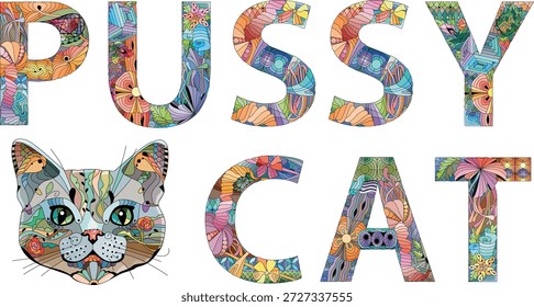 Palabra PUSSYCAT. Vector zentangle objeto para la decoración